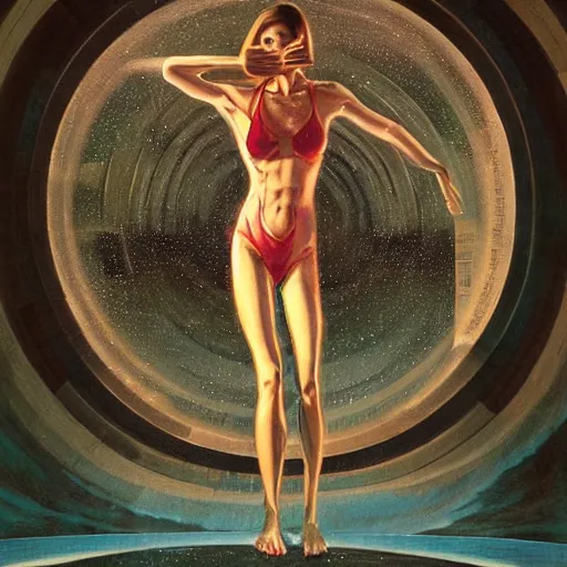 Image similar to vitruvian woman, large hadron collider, dimensional portal, teleportation, wet reflections, prism, atmospheric, ambient, pj crook, syd mead, livia prima, artgerm, greg rutkowski, nick alm, casey baugh