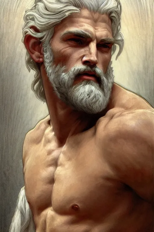 Image similar to painted portrait of rugged zeus, god of thunder, greek god, white hair, masculine, mature, handsome, upper body, white robe, muscular, hairy torso, fantasy, intricate, elegant, highly detailed, digital painting, artstation, concept art, smooth, sharp focus, illustration, art by gaston bussiere and alphonse mucha