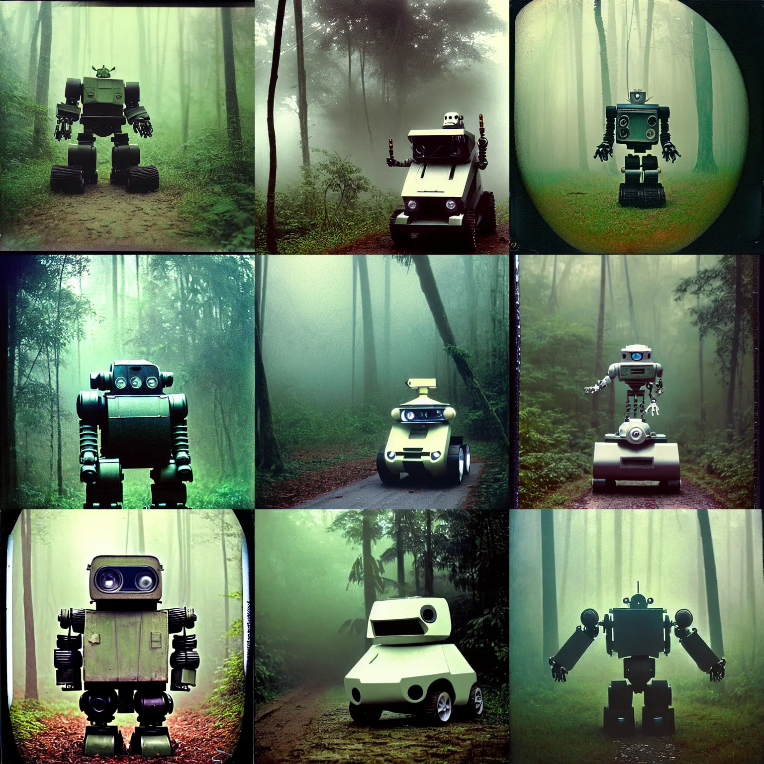 Prompt: oversized robocar robot mech, fog, in deep jungle forest jungle, overcast! cinematic focus, old damagaed polaroid photo, vintage, neutral colors, faded!! very soft lights, big overcast, very foggy, full shot by steve hanks, by serov valentin, by lisa yuskavage, by andrei tarkovsky