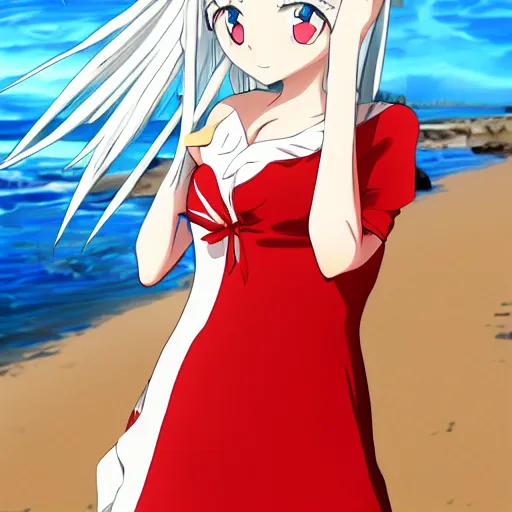 Prompt: white - haired girl in red dress standing by the sea, anime