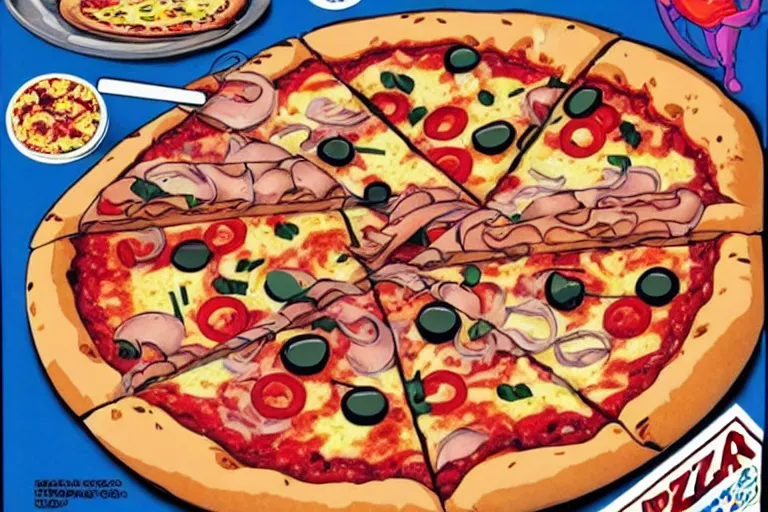 Prompt: pizza, 80s, advertisement, anime