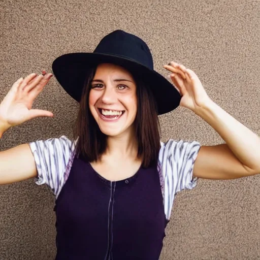 Prompt: portrait of a smiling 3 0 - year - old woman, medium brown hair with a hat, hair comes out of the hat a little and plays because of the sells, the woman puts her right hand on the hat to try to hold it back.