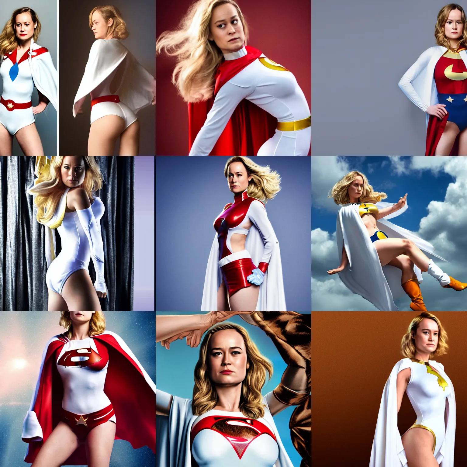 Prompt: brie larson as dc comics'' power girl ', full body with white leotard costume and cape and open chest, pinup photo, 4 k