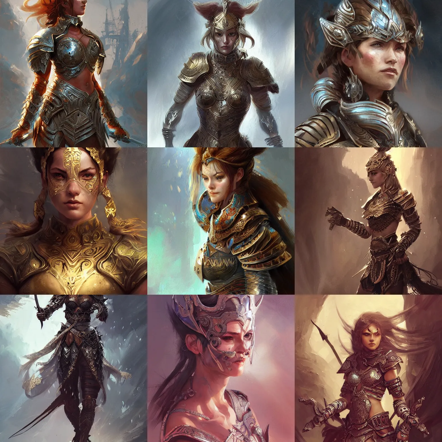 Prompt: Female warrior, passion, bravery, intricate armour costumes, light and shadow effects, intricate, highly detailed, digital painting, art station, concept art, smooth, illustration, art by Krenz Cushart