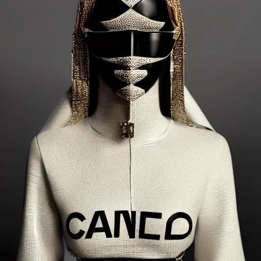 Image similar to portrait of masked dune dynasty with chanel clothes, white background, chanel logo, 8 k, symmetrical, 3 d render, octane render, insane details