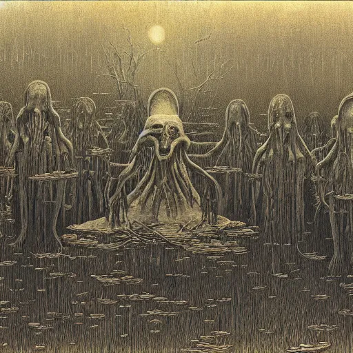 Image similar to occult members gather in a louisiana bayou swamp, highly detailed horror beksinski painting