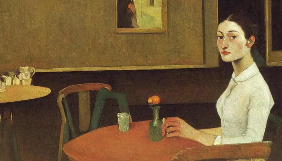 Prompt: painting by balthus, young woman in cafe, detailed, stunning