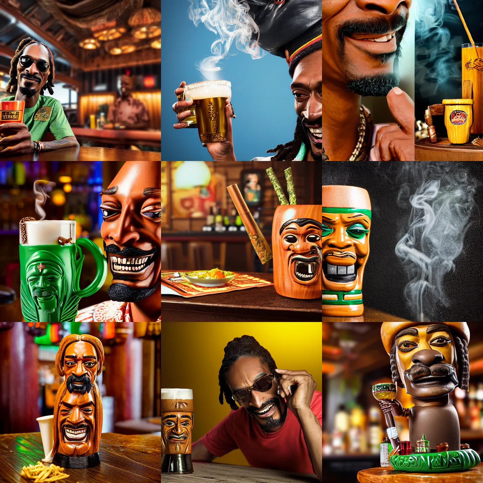 Image similar to a closeup photorealistic photograph of happy blunt smoking snoop dogg at trader vic's bar sitting next to a trader vic's style tiki mug featuring the face of snoop dogg. tiki culture. bright scene. 4 k hd image that's trending on artstation, featured on behance, well rendered, extra crisp, features epic composition and the style of unreal engine.