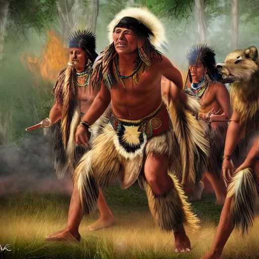 Image similar to Native american dancing around a fire with wolves, hd, tribal, intricate, 8k, digital art