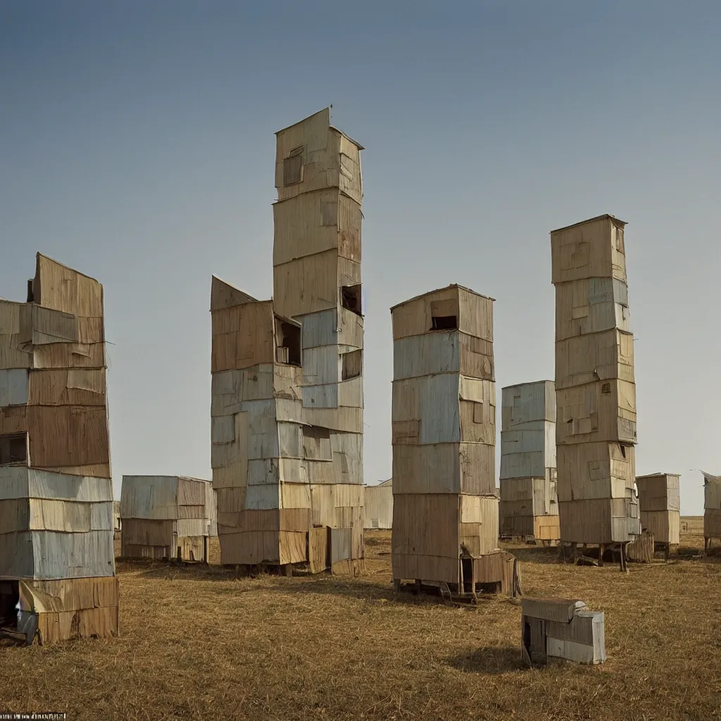 Image similar to two towers, made up of stacked makeshift squatter shacks with bleached colours, plain uniform sky at the back, misty, mamiya, shallow depth of field, ultra sharp, very detailed, photographed by julie blackmon