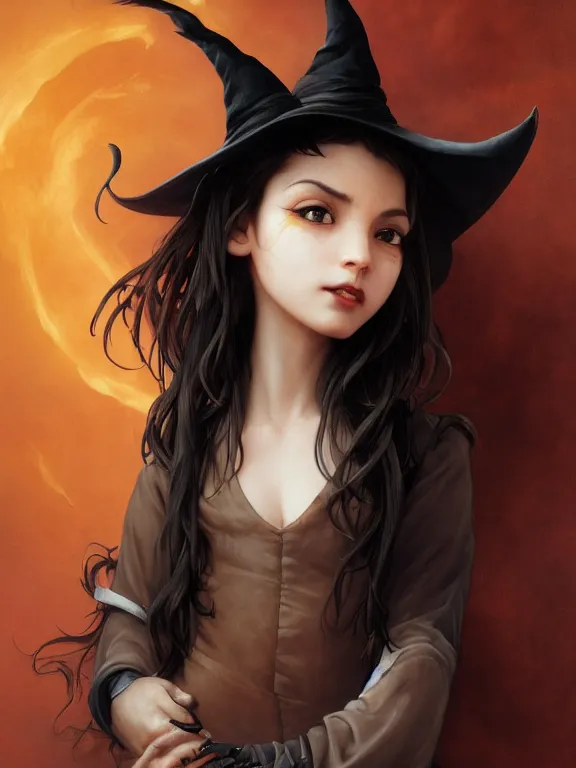 Prompt: Full shot of a mischievous young witch about to get up to some trouble. Latin American fashion. Black and Orange palette. Latina girl. brown skin. defined facial features, symmetrical facial features. By Ruan Jia and Artgerm and Range Murata and WLOP and Ross Tran and William-Adolphe Bouguereau. Key Art. Fantasy Illustration. award winning, Artstation, intricate details, realistic, Hyperdetailed, 8k resolution.