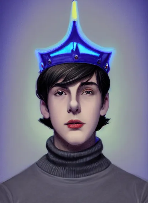 Image similar to portrait of teenage jughead jones wearing a light grey crown, crown, blue turtleneck, 1 9 5 0 s, closed eyes, photorealistic, black hair, glowing lighting, intricate, elegant, glowing lights, highly detailed, digital painting, artstation, concept art, smooth, sharp focus, illustration, art by wlop, mars ravelo and greg rutkowski