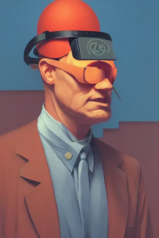 Image similar to Satoshi Nakamoto wearing oculus and bitcoin over his head Edward Hopper and James Gilleard, Zdzislaw Beksisnski, highly detailed