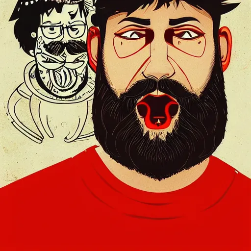 Image similar to beard man angry with italian burger. symmetrical anatomy, very intricate details, digital art, baroque, pop punk art style, colorful, accompanied by body, without duplication, dribble popular, artstation trending, drawn by ilya kuvshinov and iwan suastika and vinicius gud and gustavo zambelli, intricate, balance rendered.