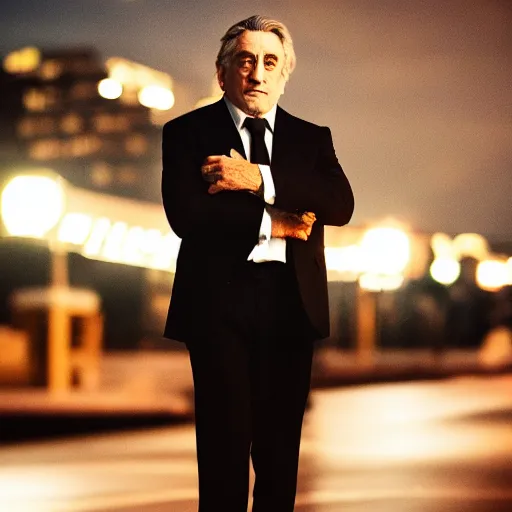 Prompt: a still of Robert De Niro . Shallow depth of field. City at night in background, lights, colors ,studio lighting, mood, 4K. Profession photography