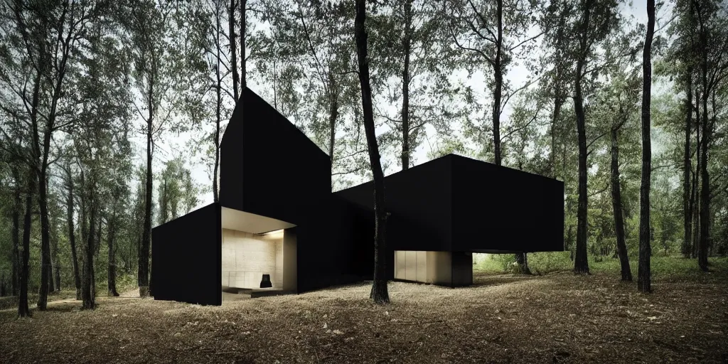 Image similar to a black cube minimalist house in the woods and empty woods, 8k, fantasy, hyper realistic, dramatic lighting, cinematic in ispahan