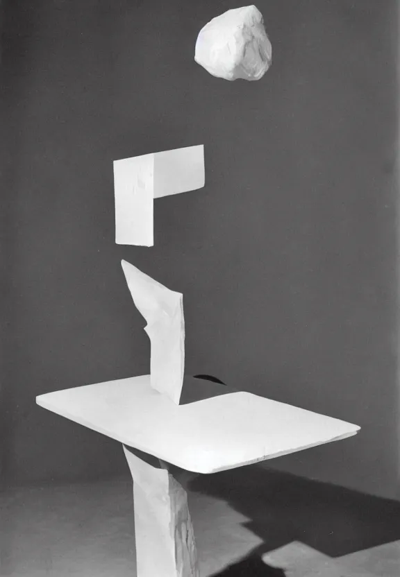 Image similar to a white object with writing on it sitting on a table, a surrealist sculpture by marcel duchamp, archival pigment print, 1 9 1 4, conceptual art, artwork, academic art, surrealist