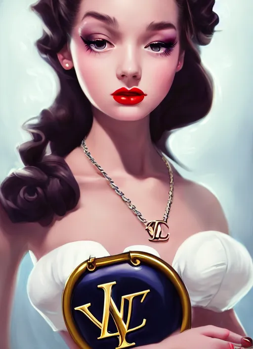 Image similar to a pin up and beautiful fashion dreamlke girl with lv jewelry, character art, art by artgerm, wlop, loish, hyperdetailed, 8 k realistic, symmetrical, global illumination, radiant light, frostbite 3 engine, cryengine, dof, trending on artstation, digital art, chanel, dior, detailed background