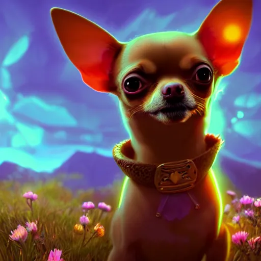 Image similar to a transcendent chihuahua living in an extradimensional reality, in the style of wlop, illustration, epic, fantasy, hyper detailed, smooth, unreal engine, sharp focus, ray tracing, physically based rendering, renderman, beautiful