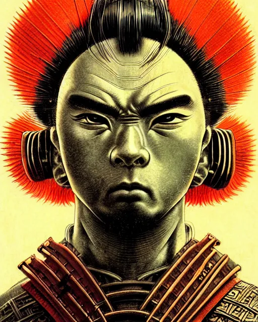 Image similar to anime samurai, character portrait, portrait, close up, concept art, intricate details, highly detailed, vintage sci - fi poster, in the style of chris foss, rodger dean, moebius, michael whelan, and gustave dore