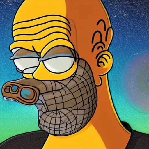 Prompt: a detailed digital art of Homer Simpson in the style of Alex Grey and Kubrick, fantasy, 8k, ornate, intricate