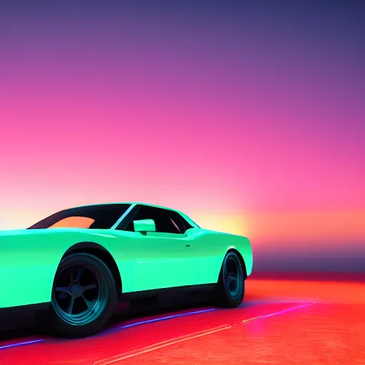 Image similar to neon synthwave hemi v 8 engine, at sunset, 8 k. filling most of the view