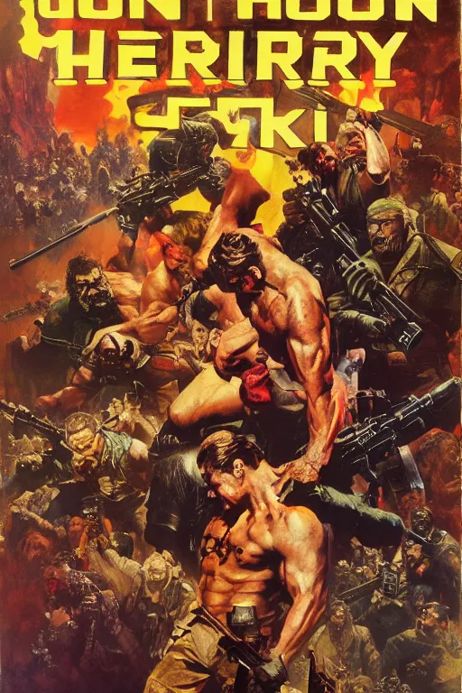 Prompt: Movie poster of Gun Star Heroes, Highly Detailed, Dramatic, eye-catching, A masterpiece of storytelling, by frank frazetta, ilya repin, 8k, hd, high resolution print