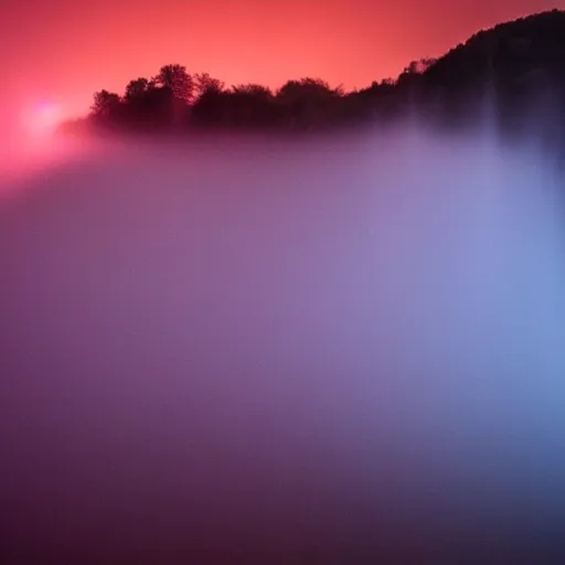 Image similar to Brutalism waterfall night time dramatic light red fog