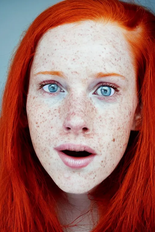 Image similar to A beautiful young freckled woman with red hair, mouth slightly open, slight smile, looking at the camera, award winning photograph by Annie Liebowitz