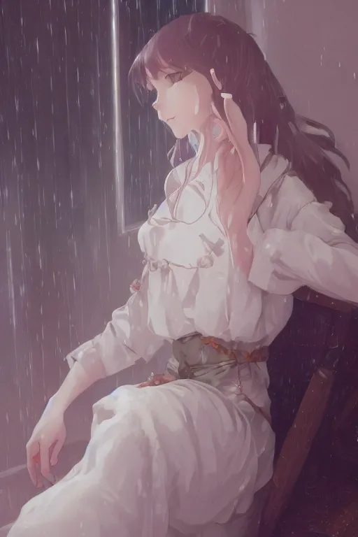 Image similar to a girl in a maid's outfit in the bedroom a night, raining outside the window, wavy white long hair, by krenz cushart and mucha and akihito yoshida and greg rutkowski and makoto shinkai, detailed eyes, 4 k resolution