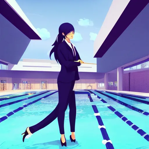 Image similar to a girl wearing a business suit, she is near a swimming pool, anime art, digital painting, smooth, hd, elegant