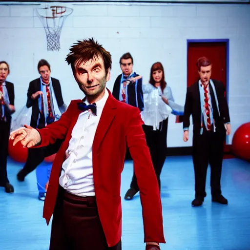 Prompt: closeup promotional image of an David Tennant as (Tenth Doctor Who) at a polka dance-off contest at the YMCA basketball gym, around the gym everyone is cheering, in the background the Tardis door is wide open to the interior, frenetic, quirky, movie still, promotional image, imax, digital art, hyper detailed, sharp focus, f8