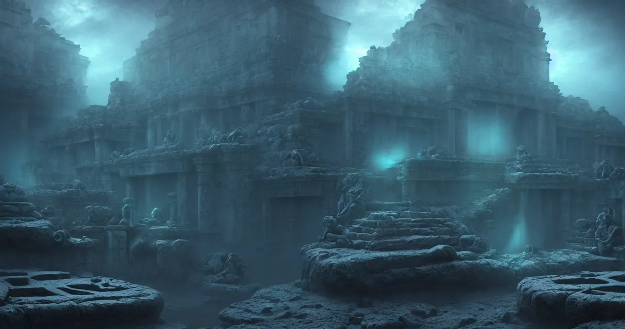 Prompt: low ultrawide shot, dark, street view, underwater statues, submerged pre - incan temple with carvings, abyss, stylized, anime style mixed with fujifilm, detailed gouache paintings, crepuscular rays, dark, murky, foggy, atmospheric, artstation, cgsociety, octane render, cgi, unreal engine 5