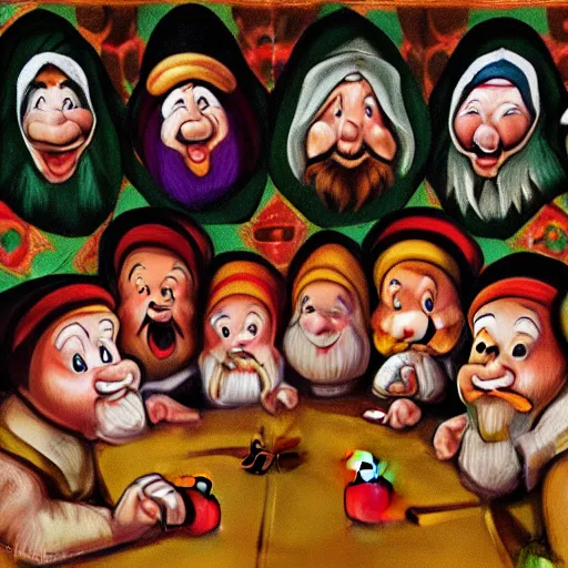 Prompt: seven dwarves in catholic religious garb with halos, background of poison apples, digital painting, glow realism