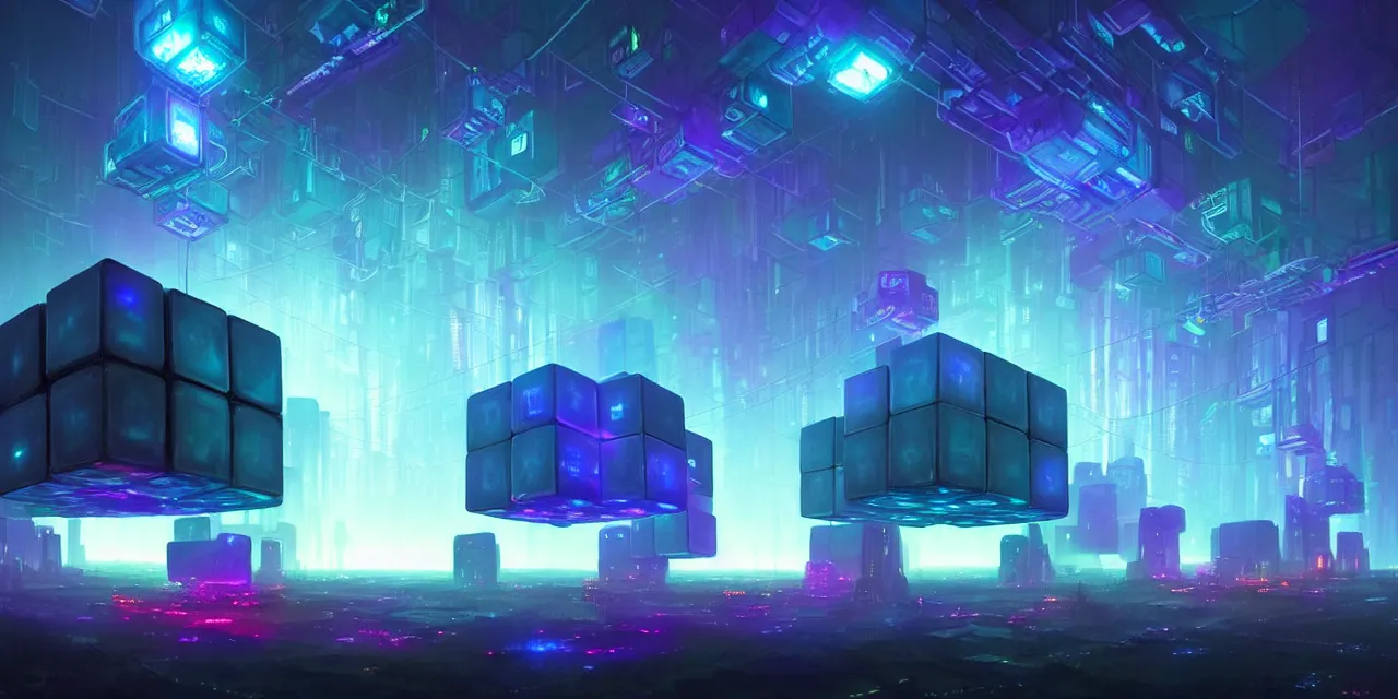 Image similar to a fleet of giant glowing futuristic cubes tied to each other with lots of glowing chains in the sky, thick glowing chains, light rays bouncing between cubes, a fantasy magical cyberpunk landscape seen in the distance, atmospheric lighting, intricate, volumetric lighting, beautiful, sharp focus, ultra detailed, in the art style of marc simonetti and lee madgwick, astrophotography