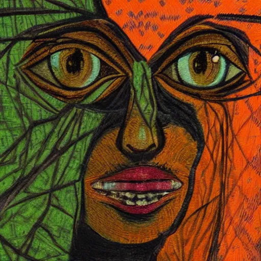 Prompt: a face peering from under the window sill into a room full of a colorful cluster of interwoven threads made varying shades of orange in a green background, sinister painting, dark undertones varying hues