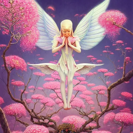Image similar to a beautiful pale elf with wings bursting from her back, pink, flower blossoms, hyper detailed, kawaii, by jacek yerka, lewandowski, hopper and gilleard, ryden, wolfgang lettl, hints of yayoi kasuma