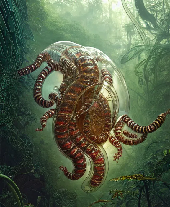 Prompt: intricate ornate opulent transparent clear see - through portrait of a terrifying beautiful fat male alien centipede, mottled coloring, adorable, childlike, overgrown jungle environment, ultra realistic, concept art, art nouveau, photorealistic, octane render, 8 k, unreal engine. art by christopher marley and artgerm and greg rutkowski and alphonse mucha