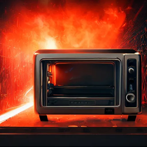 Image similar to toaster oven terminator robot, dark messy smoke - filled cluttered workshop, dark, dramatic lighting, orange tint, sparks, cinematic, highly detailed, sci - fi, futuristic, movie still