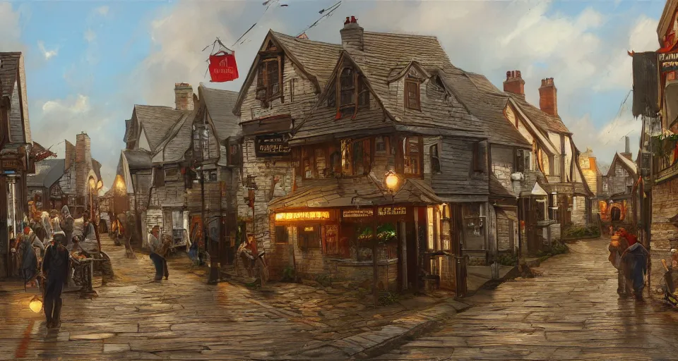 Image similar to victorian cornish fishing village, street scene, street level, digital painting by earl norem, hyperdetailed, artstation, cgsociety, 8 k