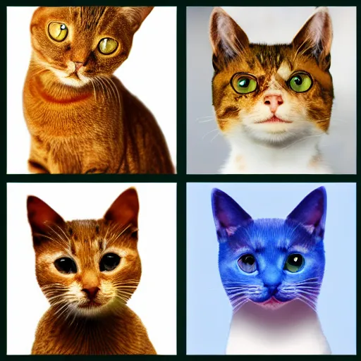 Image similar to a series of four pictures of different colored cats, computer graphics by hanns katz, pixabay contest winner, photorealism, quantum wavetracing, # myportfolio, macro photography