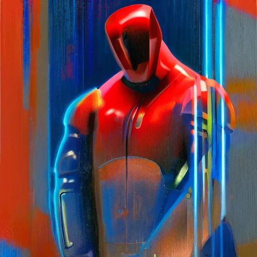 Prompt: sylvester stallone blue and red metal cyber suit, tech noir, wet reflections, prism, atmospheric, ambient, pj crook, syd mead, livia prima, greg rutkowski, edward hopper