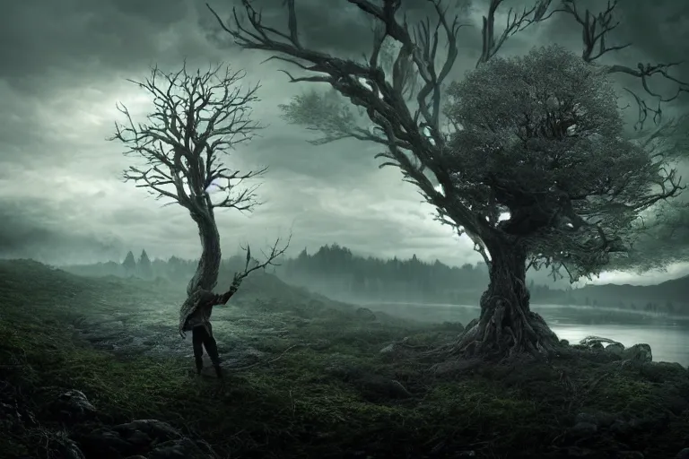 Image similar to an ultra realistic, cinematic headshot portrait, of an evil tree wizard, background of a vast serene landscape, with trees and rivers, detailed, deep focus, movie still, dramatic lighting, ray tracing, by michal karcz and yoshitaka amano