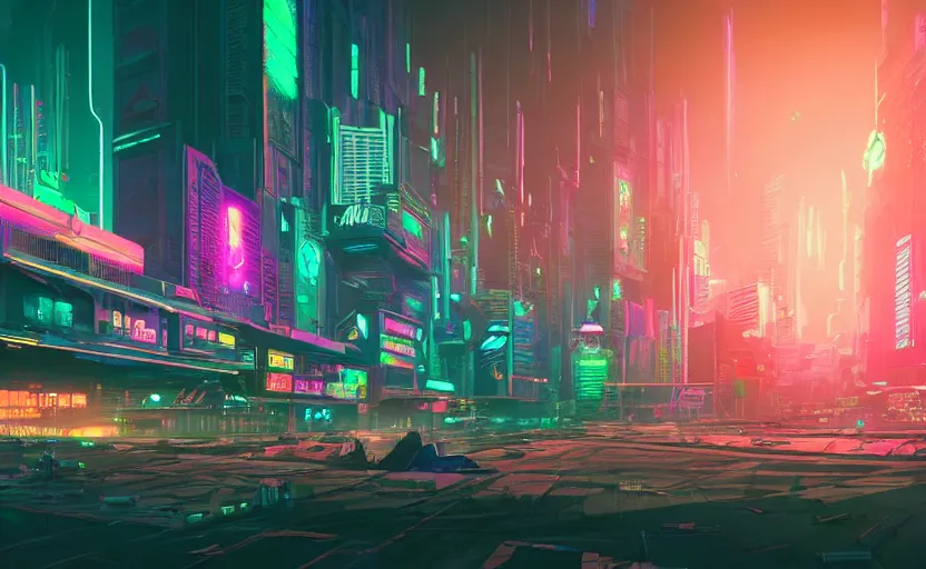 Prompt: Wide angle shot of a cyberpunk city with neon lights and holographic fishes floating in the sky by Petros Afshar and Beeple, James Gilleard, Mark Ryden, Wolfgang Lettl highly detailed