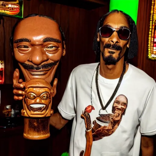 Image similar to snoop dogg at trader vic's bar holding a tiki mug with his face on it