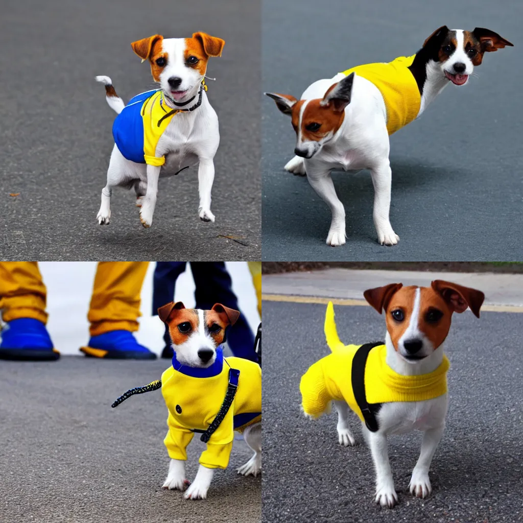Prompt: a Jack Russell terrier in yellow and blue attire disarming bombs