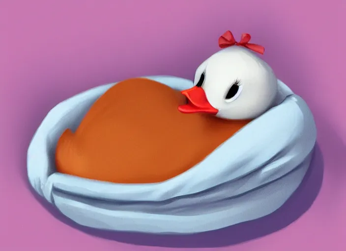 Image similar to cute duck tucked in bed and going to sleep, digital painting, trending on artstation, award winning art, stylized painting