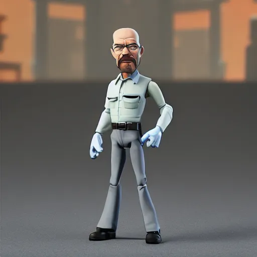 Prompt: walter white as a disney infinity figure with no joint articulation, with over simplified planar forms with sharp stylized clothing folds, by Titan Books, product photo