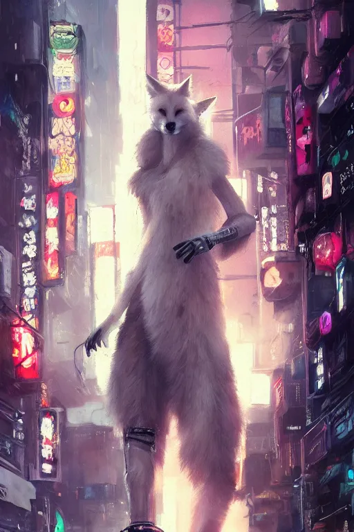 Image similar to beautiful portrait of a tall white female anthro fox smoking a cigarette towering head and shoulders above the bustling crowd of a rainy city street around her, cyberpunk clothes, cyberpunk, harsh neon lights, highly detailed, sharp focus, digital painting, illustration, trending on artstation, art by sakimichan, wlop, greg rutkowski