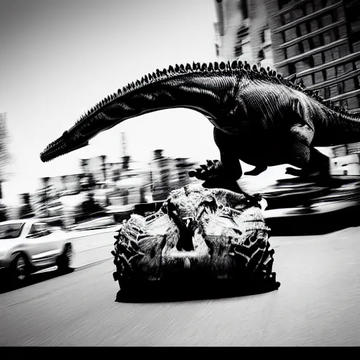 Image similar to dinosaur crushing car, black and white photo